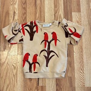 Mini Rodini Beige Red Bird Graphic Crewneck Long Sleeve Cotton Sweatshirt